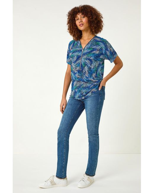 Roman Blue Textured Print Zip Stretch Top