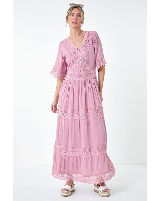 Roman Pink Dusk Fashion Tiered Lace Detail Maxi Dress