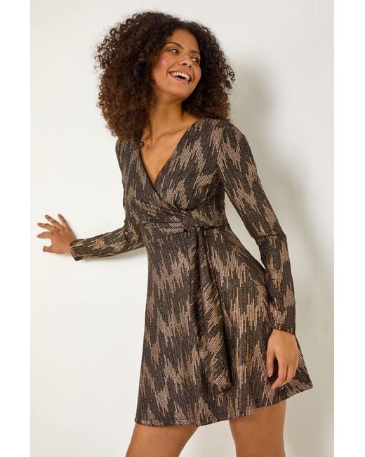 D.u.s.k Brown Metallic Sequin Wrap Skater Dress
