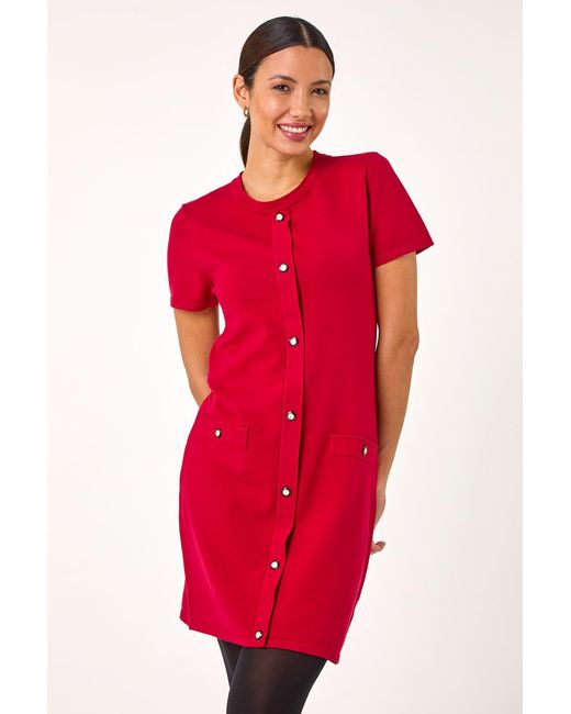 Roman Red Knitted Button Detail A-Line Dress