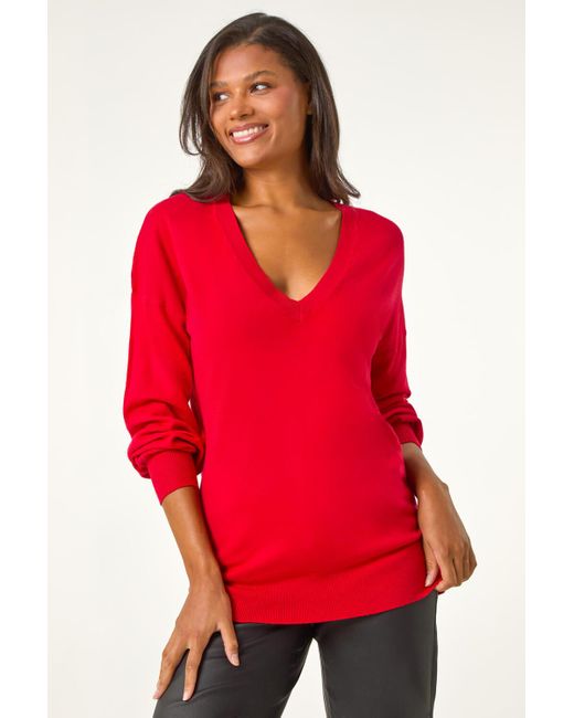 Roman Plain V Neck Stretch Longline Jumper in Red Lyst UK