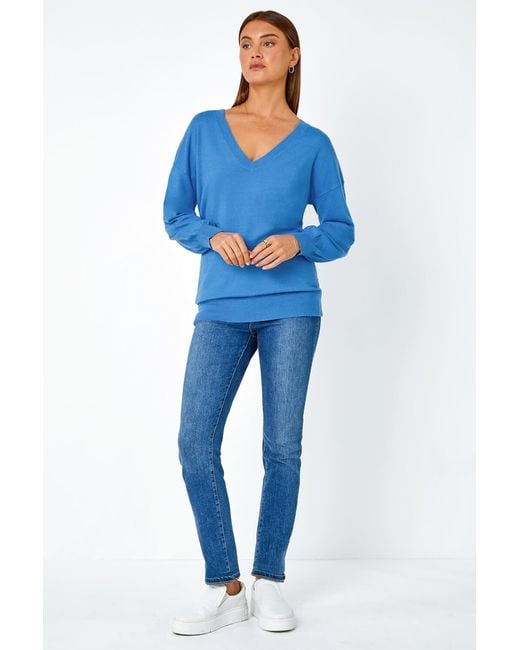 Roman Blue Plain Stretch V-Neck Longline Jumper