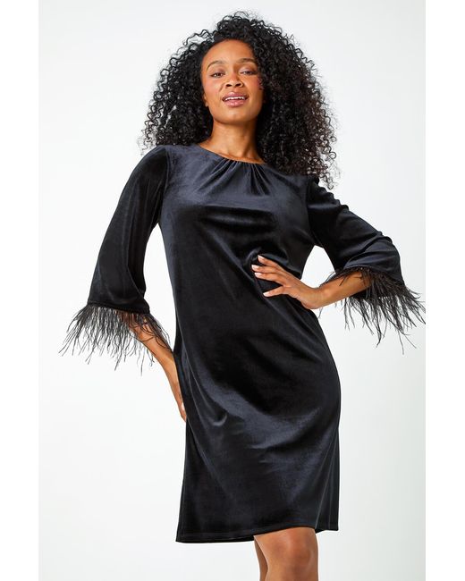 Roman Petite Black Velvet Feather Trim Shift Dress