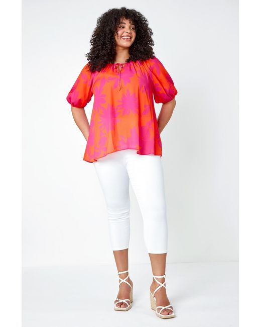Roman Curve Red Floral Print Tie Detail Top