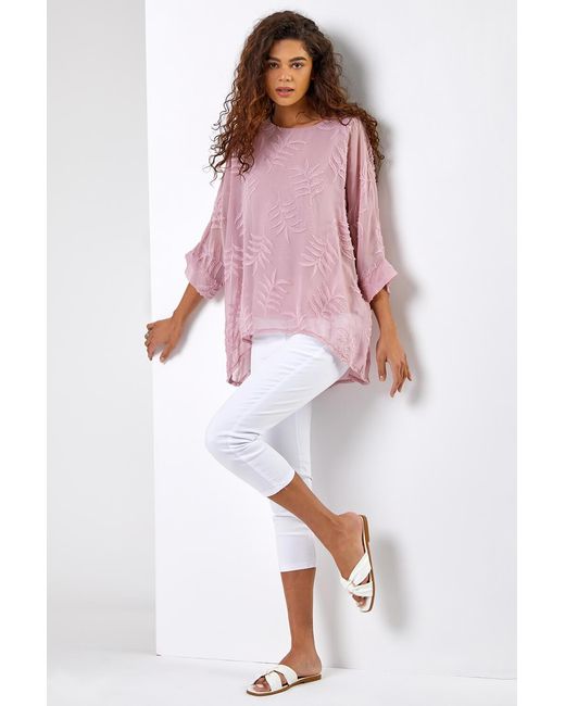Roman Pink Leaf Burnout Print Overlay Top
