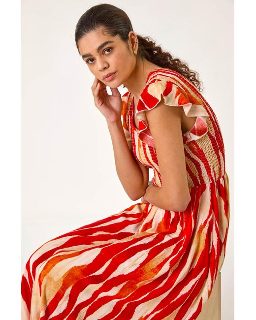 Roman Wave Print Shirred Midi Dress