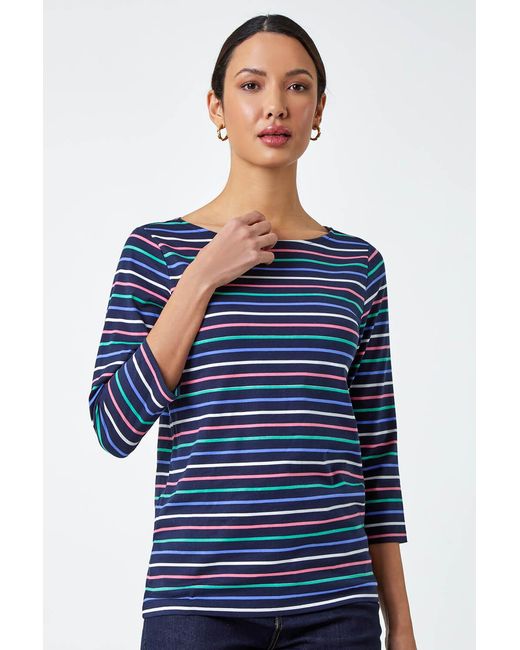 Roman Blue Cotton Stripe Print Top