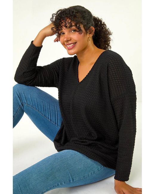 Roman Curve Black V-Neck Crochet Knit Top