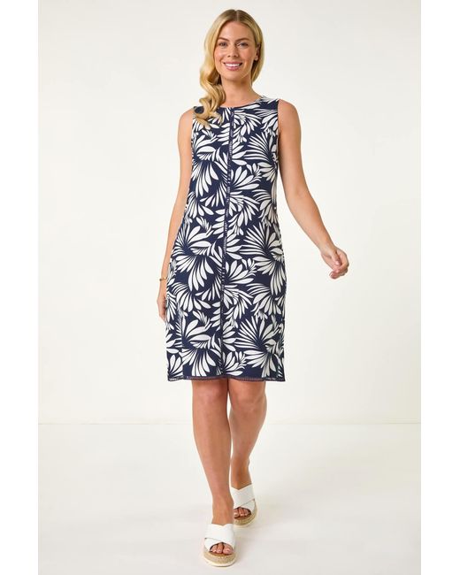Roman Petite White Leaf Print Shift Dress