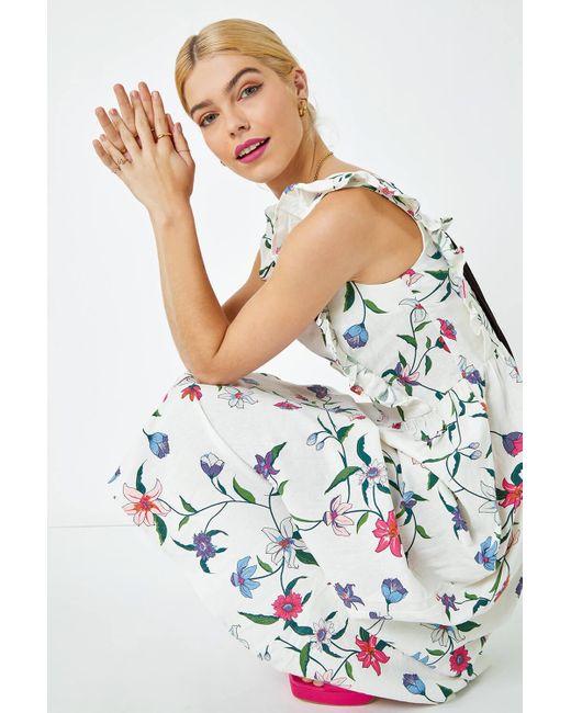 Roman White Dusk Fashion Floral Print Frill Detail Maxi Dress