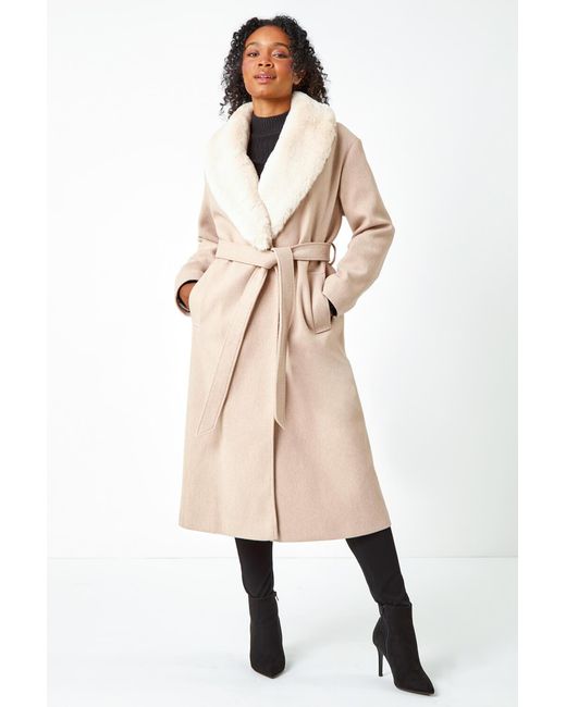 Roman Petite Natural Faux Fur Collar Longline Coat