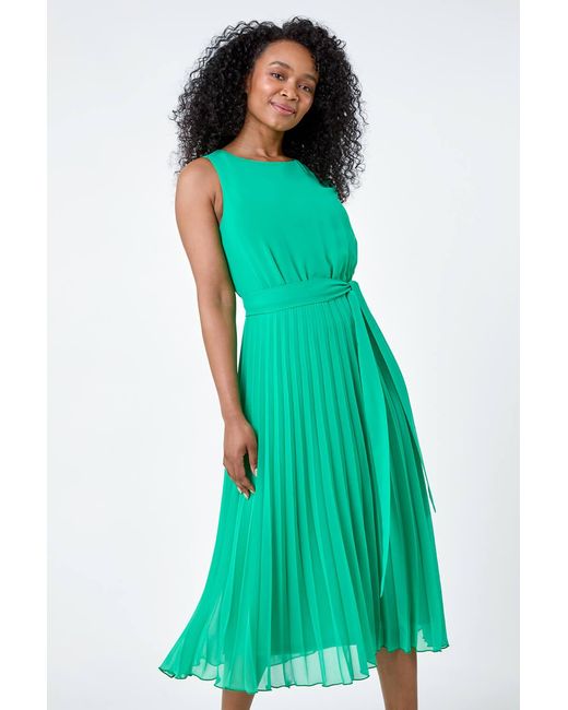 Roman Petite Green Pleated Chiffon Midi Dress
