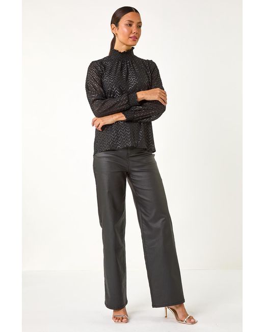 Roman Black Zig Zag Shimmer High Neck Top