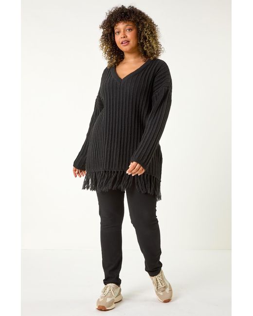 Roman Curve Black V-Neck Tassel Hem Knit Jumper