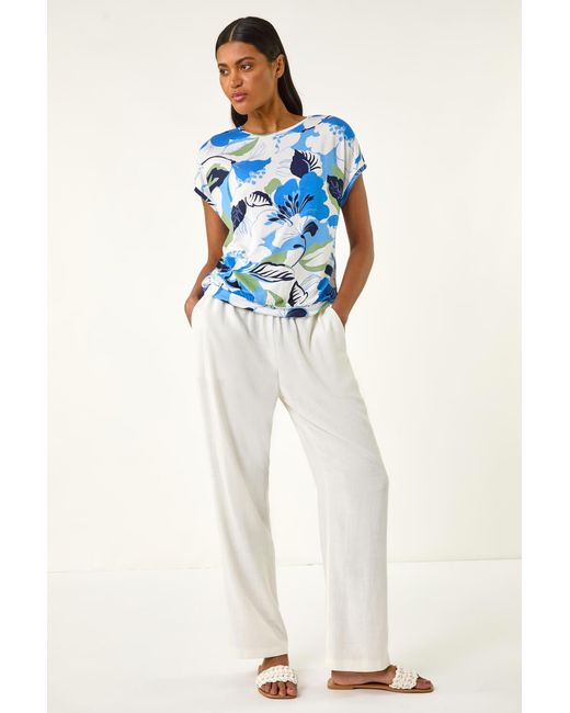 Roman Blue Floral Print Bubble Hem Top