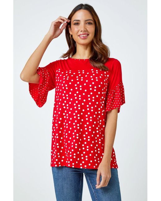 Roman Red Spot Print Frill Sleeve Top