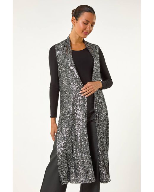 Roman Gray Sequin Longline Stretch Cardigan