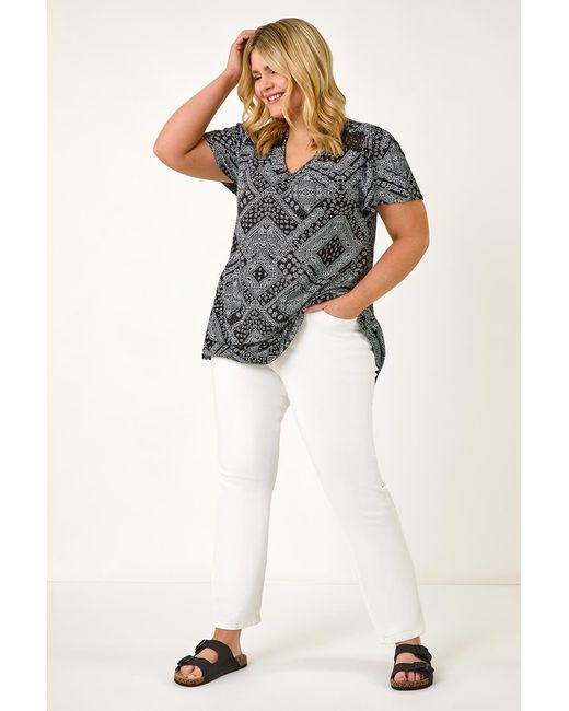 Roman Curve Gray Patchwork Print Lace Top