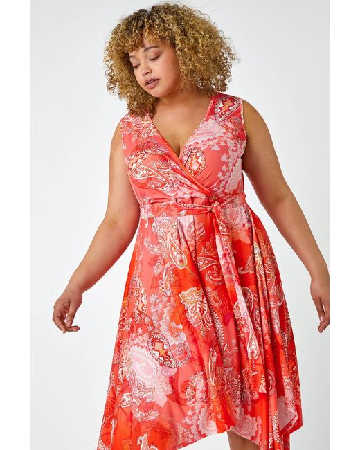 Roman Curve Red Paisley Hanky Hem Stretch Dress