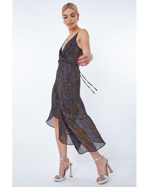 D.u.s.k Gray Metallic Stripe Frill Hem Midi Wrap Dress