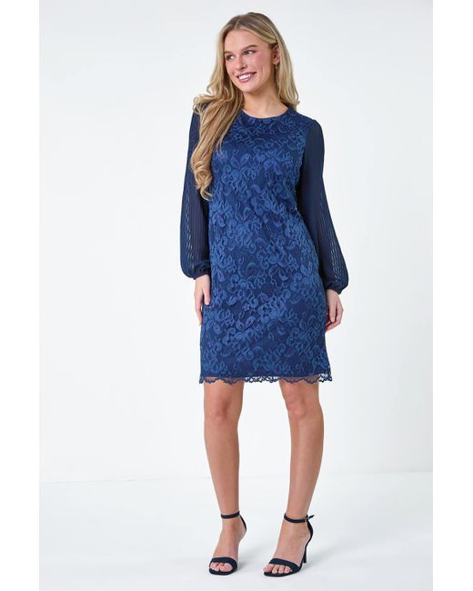 Roman Blue Originals Petite Pleated Sleeve Lace Shift Dress