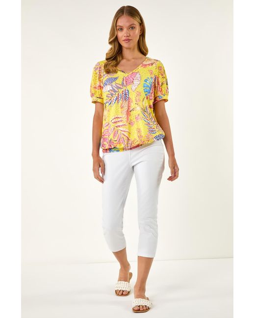 Roman Yellow Floral Print Bubble Hem Tee