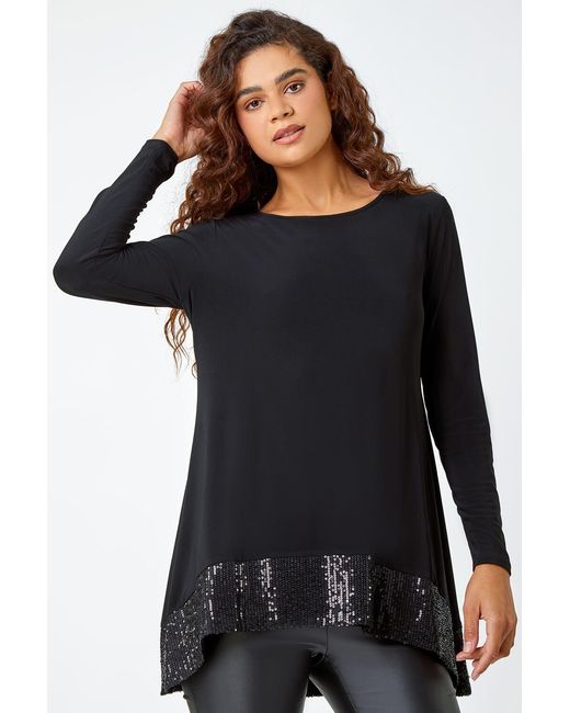 Roman Black Sequin Hem Stretch Tunic Top