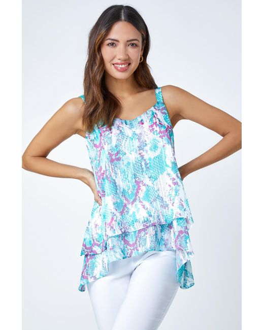 Roman Blue Animal Print Shimmer Detail V-Neck Vest Top