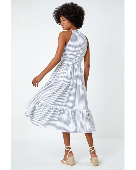 Roman Blue Tiered Cotton Halter Neck Stripe Dress