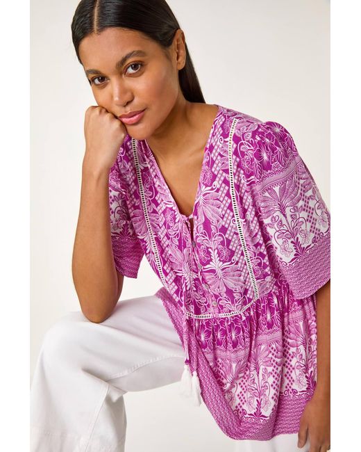 Roman Pink Abstract Print Tassel Top