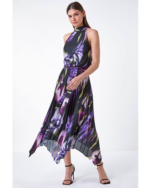 Roman White Floral Halter Neck Hanky Hem Midi Dress