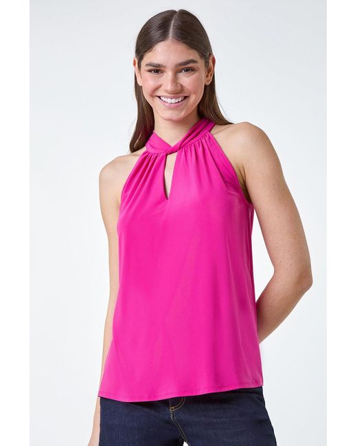 Roman Pink Twist Neck Tie Back Stretch Top