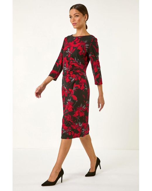 Roman Red Leaf Print Side Pleat Stretch Dress