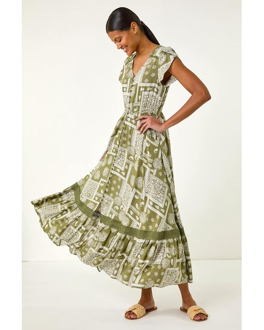 Roman Green Patchwork Lace Trim Maxi Dress