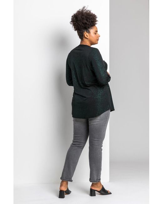 Roman Curve Green Glitter Button Tunic Top