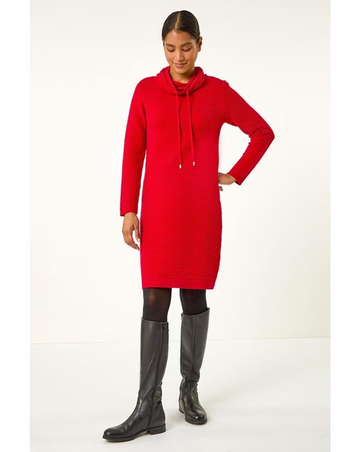 Roman Red Ribbed Cowl Neck Jumper Dress