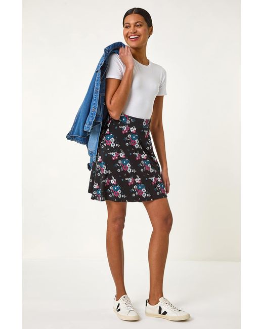 Roman Blue Floral Print Skater Stretch Skirt