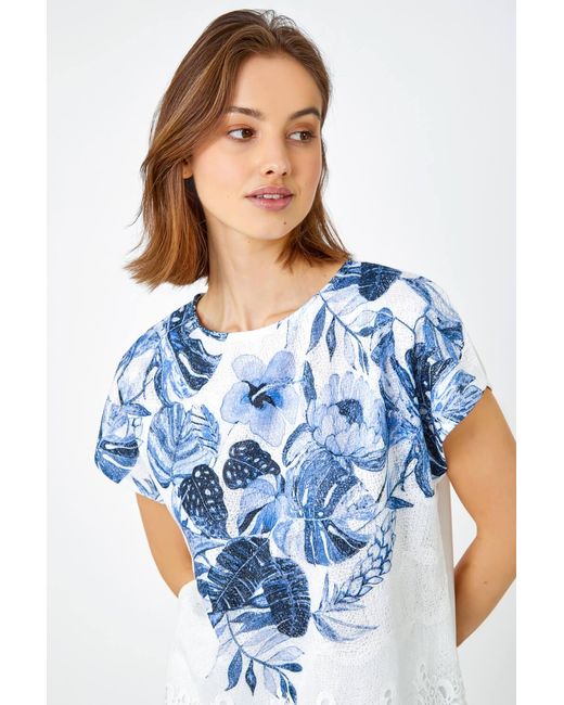 Roman Blue Floral Print Lace Trim Stretch T-Shirt