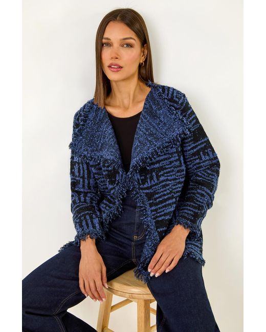 Roman Blue Textured Fringe Collar Detail Cardigan