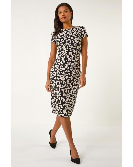 Roman Black Abstract Animal Gathered Shift Dress