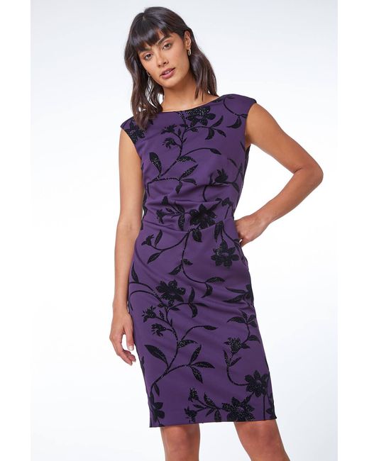 Roman Purple Textured Shimmer Floral Print Ruched Dress