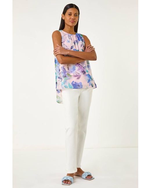 Roman Blue Floral Print Metallic Shell Top