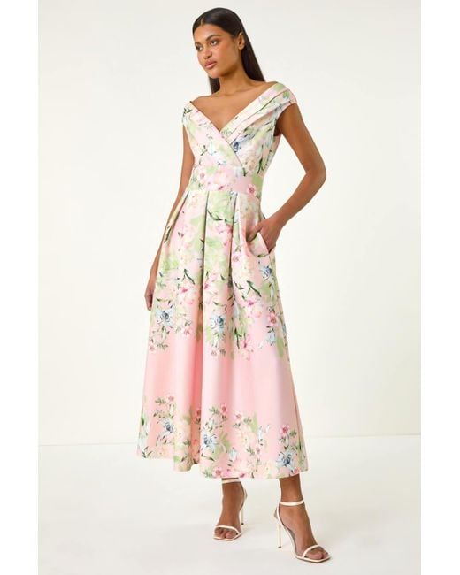 Roman Pink Floral Print Bardot Midi Stretch Dress