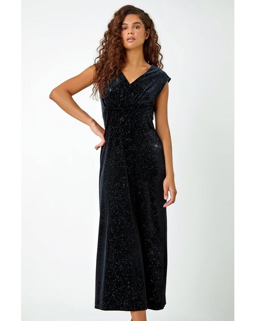 Roman Black Glitter Velvet Maxi Stretch Dress