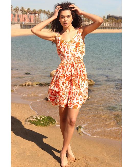 Roman Orange Sleeveless Floral Print Shirred Dress