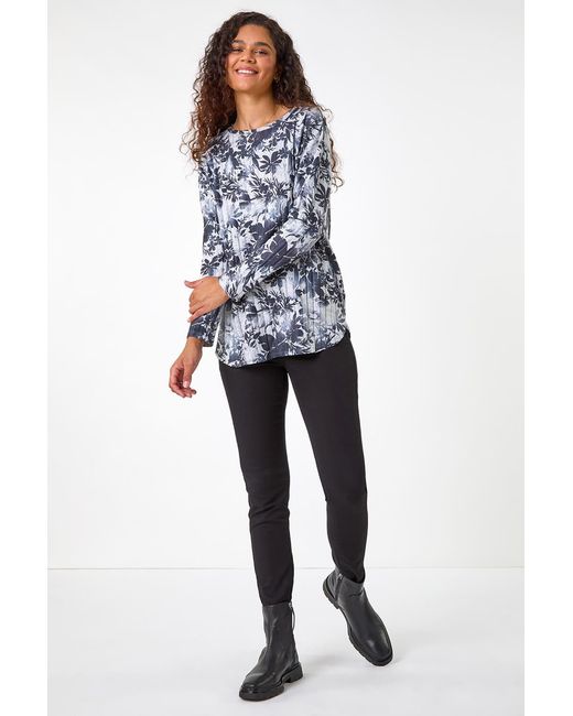 Roman Blue Floral Print Ribbed Top