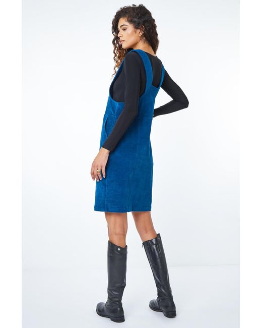 Roman Blue Button Corduroy Pinafore Shift Dress