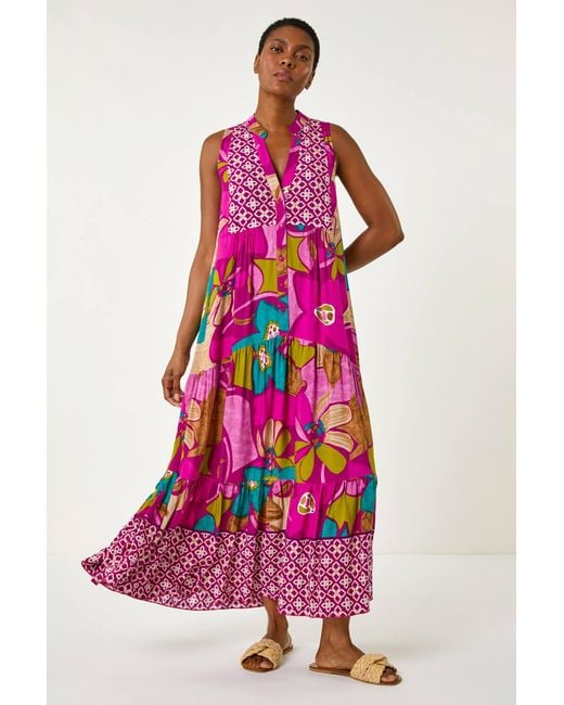 Roman Pink Boho Floral Print Smock Maxi Dress
