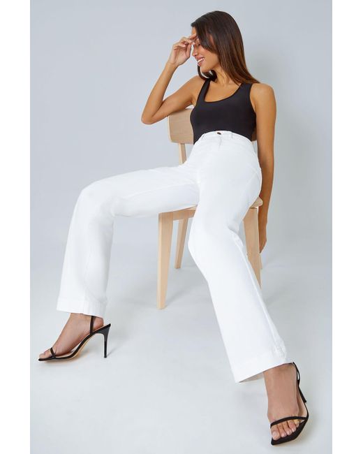 Roman White Cotton Blend Wide Leg Stretch Jeans