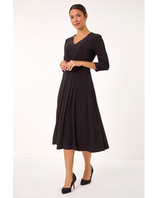 Roman Black Stretch Crossover Midi Dress